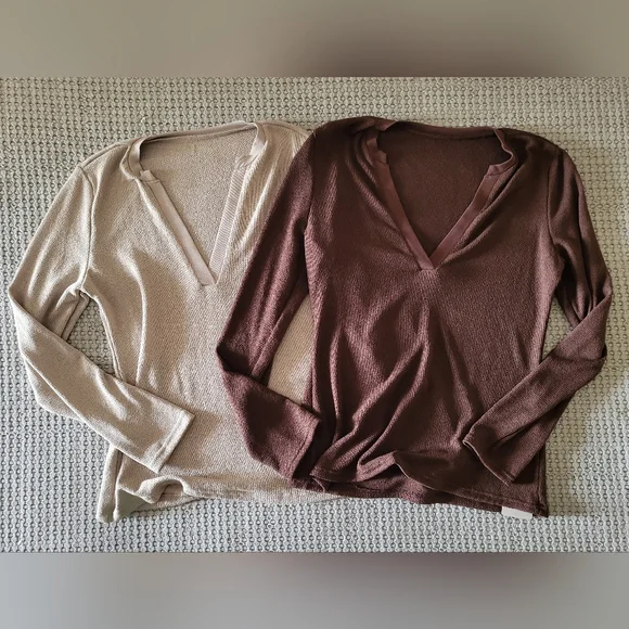 🌻2pk Elegant Beige & BrownV-Neck Long Skeeve Women's Top Size XL - Picture 10 of 11
